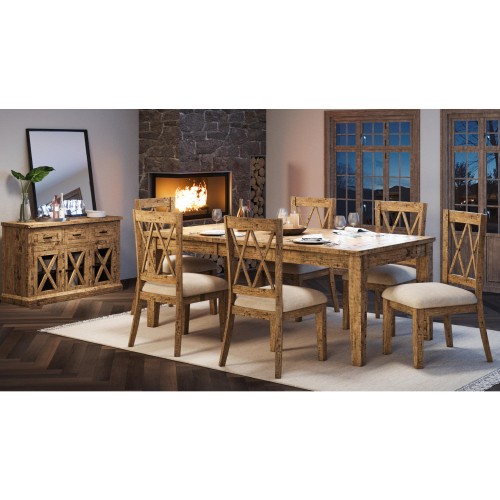 Telluride 7 Piece Dining Set in Distressed Pine & Neutral Fabric